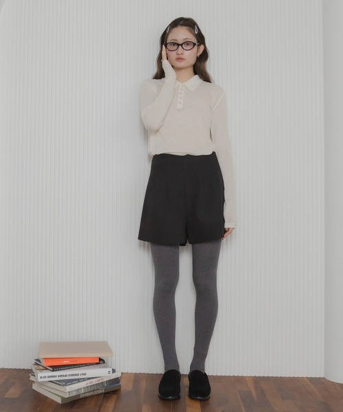 HEILIS（ヘイリス）の「シアーポロカットソートップス / カットソー トップス ポロシャツ 長袖 春服 秋服 冬服 ブラック アイボリー ピンク ネイビー 白 黒 韓国 無地 透け感 オフィスカジュアル ノームコア シンプル カジュアル ガーリー レイヤード（ポロシャツ・レディース・ブラック/ネイビー/ピンク/アイボリー・FREE）」の9枚目の写真