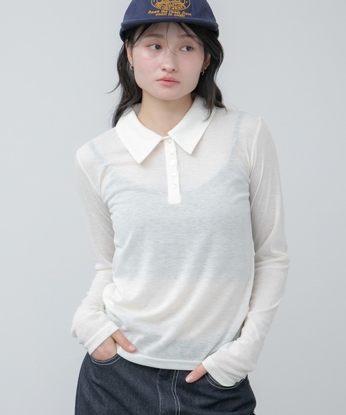 HEILIS（ヘイリス）の「シアーポロカットソートップス / カットソー トップス ポロシャツ 長袖 春服 秋服 冬服 ブラック アイボリー ピンク ネイビー 白 黒 韓国 無地 透け感 オフィスカジュアル ノームコア シンプル カジュアル ガーリー レイヤード（ポロシャツ・レディース・ブラック/ネイビー/ピンク/アイボリー・FREE）」の12枚目の写真