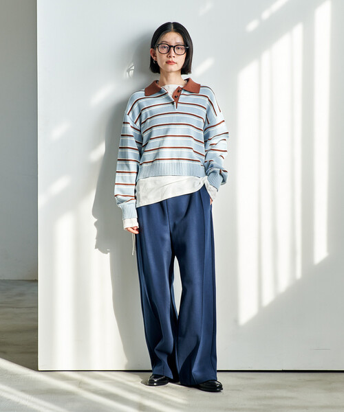 FREAK'S STORE(フリークスストア)の「ポロ襟 ボーダー ショートニット/バイオウォッシュ加工ニット(ニット/セーター・レディース・サックスブルー/グレー/ブラウン・フリ-)」の4枚目の写真