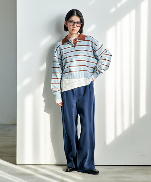 FREAK'S STORE(フリークスストア)の「ポロ襟 ボーダー ショートニット/バイオウォッシュ加工ニット(ニット/セーター・レディース・サックスブルー/グレー/ブラウン・フリ-)」の5枚目の写真