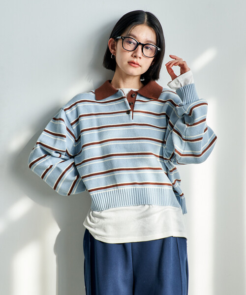 FREAK'S STORE(フリークスストア)の「ポロ襟 ボーダー ショートニット/バイオウォッシュ加工ニット(ニット/セーター・レディース・サックスブルー/グレー/ブラウン・フリ-)」の12枚目の写真