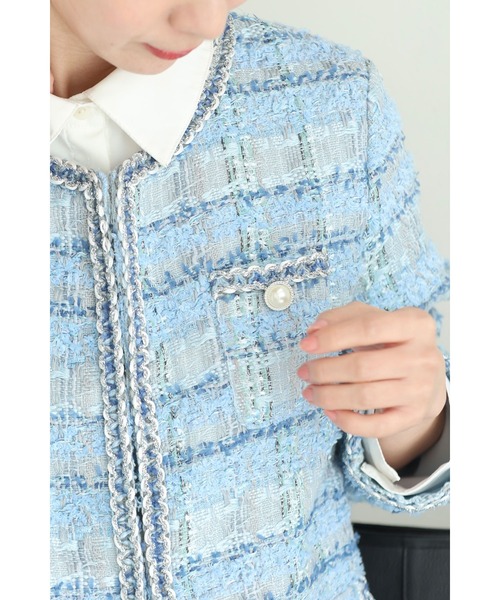 cawaii(カワイイ)の「気分も晴れやかな空色ツイードジャケット(ノーカラージャケット・レディース・ブルー・FREE)」の10枚目の写真