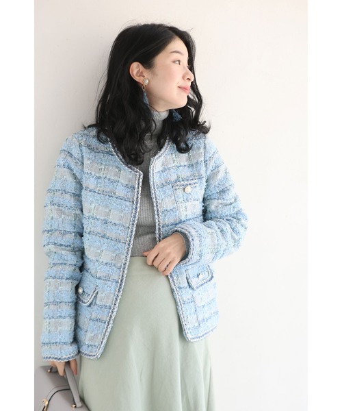 cawaii(カワイイ)の「気分も晴れやかな空色ツイードジャケット(ノーカラージャケット・レディース・ブルー・FREE)」の12枚目の写真