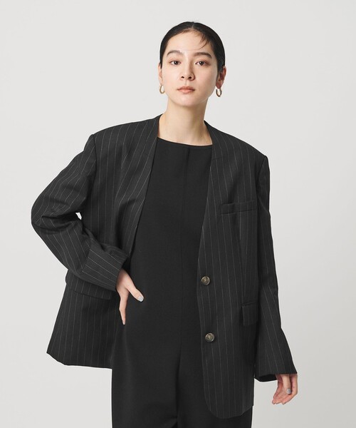 BEAUTY&YOUTH UNITED ARROWS（ビューティーアンドユースユナイテッドアローズ）の「麻ブレンド ストライプ カラーレス ジャケット（ノーカラージャケット・レディース・ブラック/オリーブ・S/M）」の21枚目の写真