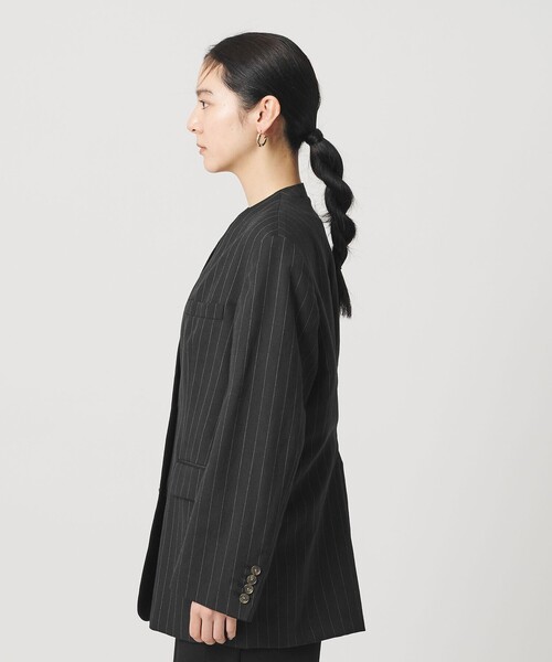 BEAUTY&YOUTH UNITED ARROWS（ビューティーアンドユースユナイテッドアローズ）の「麻ブレンド ストライプ カラーレス ジャケット（ノーカラージャケット・レディース・ブラック/オリーブ・S/M）」の5枚目の写真