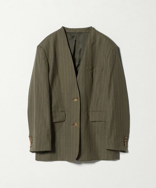 BEAUTY&YOUTH UNITED ARROWS（ビューティーアンドユースユナイテッドアローズ）の「麻ブレンド ストライプ カラーレス ジャケット（ノーカラージャケット・レディース・ブラック/オリーブ・S/M）」の7枚目の写真
