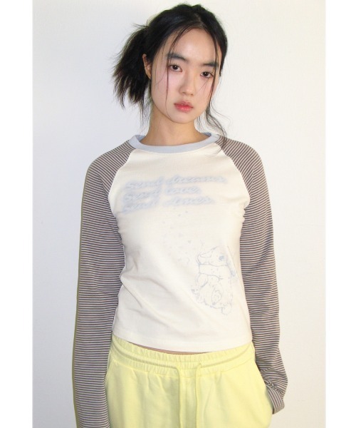 AMESWORLDWIDE(アメスワールドワイド)の「A'GEM/9 × .kom 『AMESWORLDWIDE/アメスワールドワイド』 CUPID RABBIT STRIPE RAGLAN LS TEE/キューピッドウサギボーダーラグラン ロングスリーブ(Tシャツ/カットソー・レディース・グレー/ブルー・S)」の4枚目の写真
