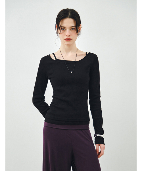 MONGDOL（モンドル）の「[SET] ボートネックレイヤードリブTシャツ ブラック MDTS087BLACK（Tシャツ/カットソー・レディース・その他・F）」の3枚目の写真