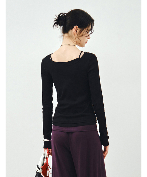 MONGDOL（モンドル）の「[SET] ボートネックレイヤードリブTシャツ ブラック MDTS087BLACK（Tシャツ/カットソー・レディース・その他・F）」の4枚目の写真