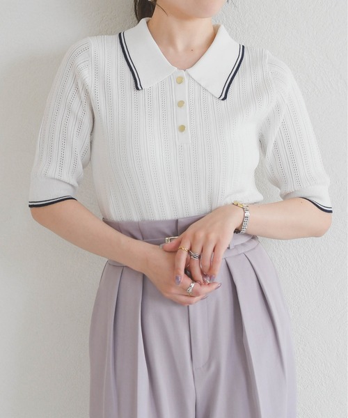 31 Sons de mode（トランテアン　ソン　ドゥ　モード）の「2026春夏新作 アイレット編みポロニット（ニット/セーター・レディース・ブラック/オフホワイト/ピンク・ﾌﾘ-）」の2枚目の写真