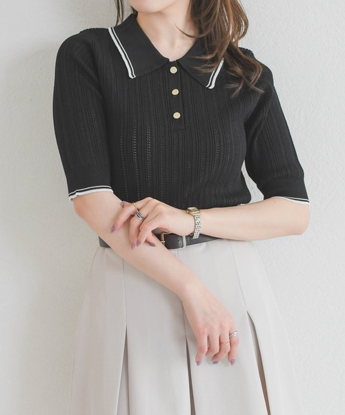 31 Sons de mode（トランテアン　ソン　ドゥ　モード）の「2026春夏新作 アイレット編みポロニット（ニット/セーター・レディース・ブラック/オフホワイト/ピンク・ﾌﾘ-）」の3枚目の写真