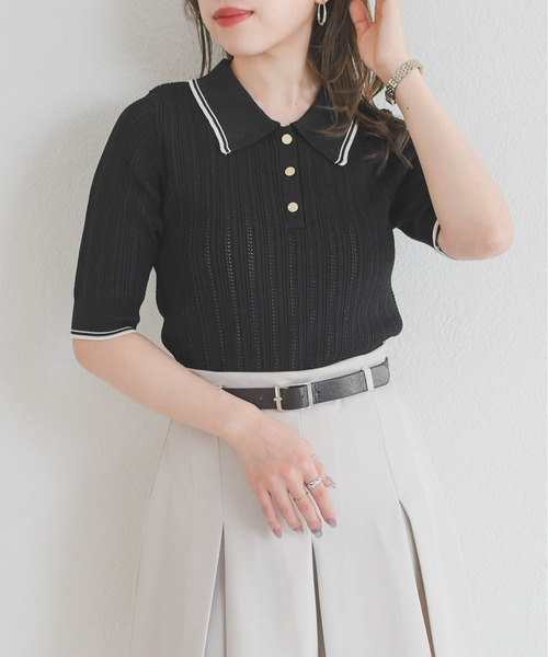 31 Sons de mode（トランテアン　ソン　ドゥ　モード）の「2026春夏新作 アイレット編みポロニット（ニット/セーター・レディース・ブラック/オフホワイト/ピンク・ﾌﾘ-）」の12枚目の写真