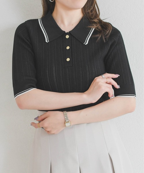 31 Sons de mode（トランテアン　ソン　ドゥ　モード）の「2026春夏新作 アイレット編みポロニット（ニット/セーター・レディース・ブラック/オフホワイト/ピンク・ﾌﾘ-）」の13枚目の写真