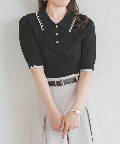 31 Sons de mode（トランテアン　ソン　ドゥ　モード）の「2026春夏新作 アイレット編みポロニット（ニット/セーター・レディース・ブラック/オフホワイト/ピンク・ﾌﾘ-）」の14枚目の写真