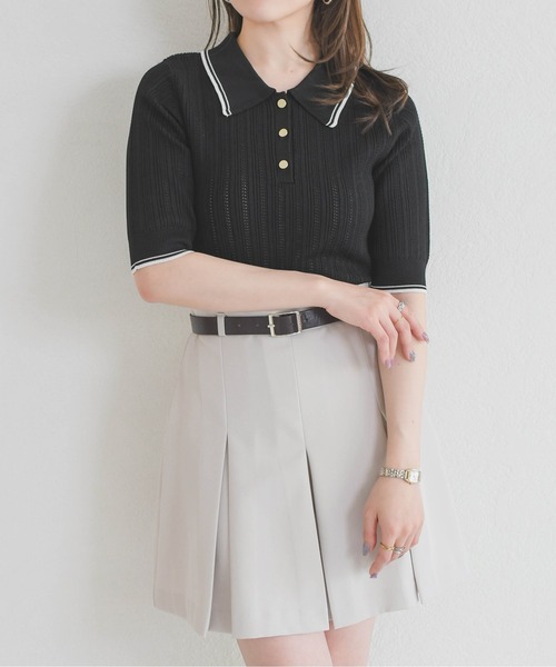 31 Sons de mode（トランテアン　ソン　ドゥ　モード）の「2026春夏新作 アイレット編みポロニット（ニット/セーター・レディース・ブラック/オフホワイト/ピンク・ﾌﾘ-）」の16枚目の写真