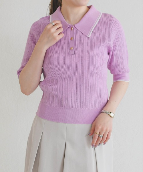 31 Sons de mode（トランテアン　ソン　ドゥ　モード）の「2026春夏新作 アイレット編みポロニット（ニット/セーター・レディース・ブラック/オフホワイト/ピンク・ﾌﾘ-）」の21枚目の写真