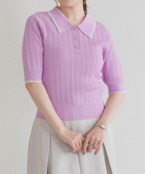 31 Sons de mode（トランテアン　ソン　ドゥ　モード）の「2026春夏新作 アイレット編みポロニット（ニット/セーター・レディース・ブラック/オフホワイト/ピンク・ﾌﾘ-）」の22枚目の写真