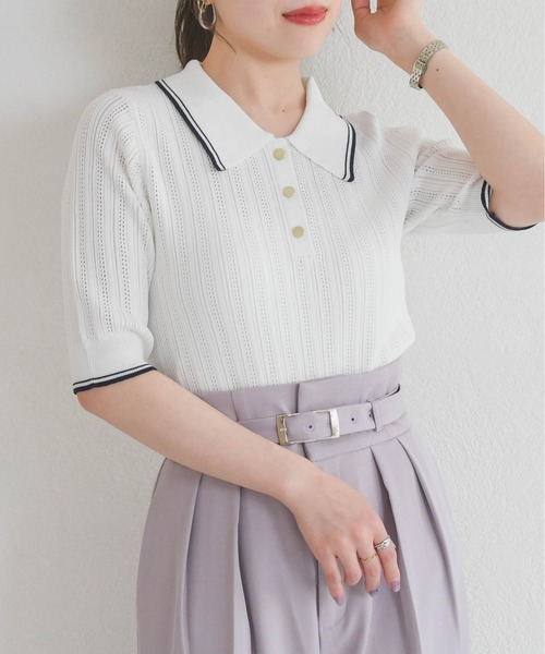 31 Sons de mode（トランテアン　ソン　ドゥ　モード）の「2026春夏新作 アイレット編みポロニット（ニット/セーター・レディース・ブラック/オフホワイト/ピンク・ﾌﾘ-）」の4枚目の写真