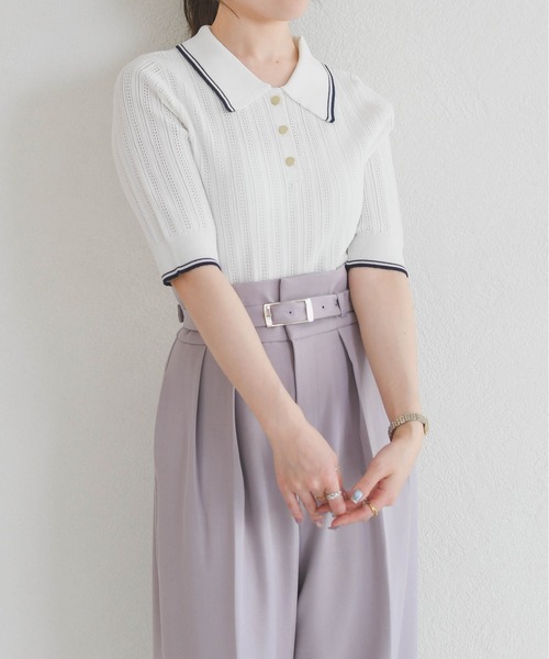 31 Sons de mode（トランテアン　ソン　ドゥ　モード）の「2026春夏新作 アイレット編みポロニット（ニット/セーター・レディース・ブラック/オフホワイト/ピンク・ﾌﾘ-）」の7枚目の写真