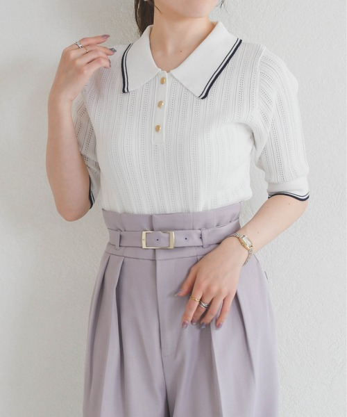 31 Sons de mode（トランテアン　ソン　ドゥ　モード）の「2026春夏新作 アイレット編みポロニット（ニット/セーター・レディース・ブラック/オフホワイト/ピンク・ﾌﾘ-）」の5枚目の写真