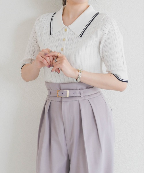 31 Sons de mode（トランテアン　ソン　ドゥ　モード）の「2026春夏新作 アイレット編みポロニット（ニット/セーター・レディース・ブラック/オフホワイト/ピンク・ﾌﾘ-）」の6枚目の写真