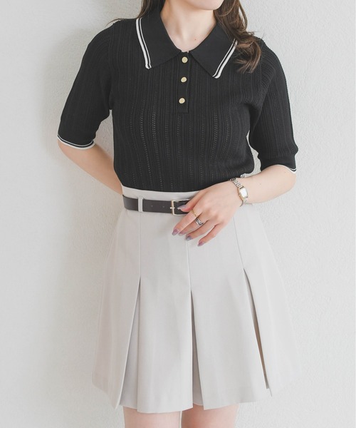 31 Sons de mode（トランテアン　ソン　ドゥ　モード）の「2026春夏新作 アイレット編みポロニット（ニット/セーター・レディース・ブラック/オフホワイト/ピンク・ﾌﾘ-）」の15枚目の写真