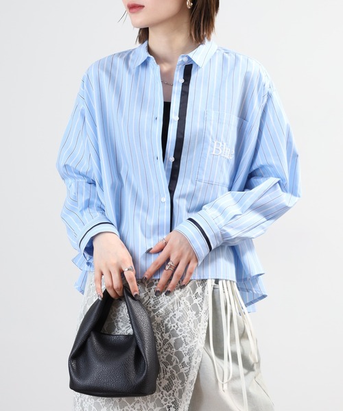 EGLANTINE（エグランティーヌ）の「EGLANTINE ストライプブラウス長袖（シャツ/ブラウス・レディース・キャメル/サックスブルー・38）」の3枚目の写真