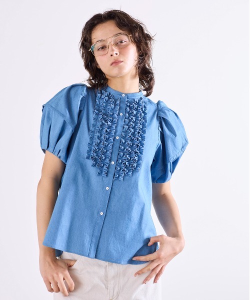 Marilyn Moon(マリリンムーン)の「modern tuck frill volume sleeve blouse(シャツ/ブラウス・レディース・ライトブルー/ホワイト×ブルー/ホワイト/ブルー系その他/ピンク・FREE)」の7枚目の写真
