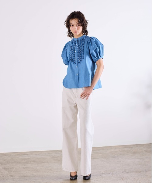 Marilyn Moon(マリリンムーン)の「modern tuck frill volume sleeve blouse(シャツ/ブラウス・レディース・ライトブルー/ホワイト×ブルー/ホワイト/ブルー系その他/ピンク・FREE)」の10枚目の写真