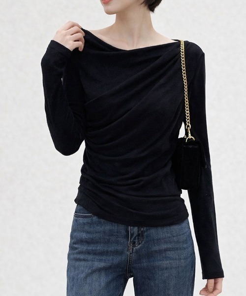 SallyLunn(サリーラン)の「アシンメトリードレープトップス(Tシャツ/カットソー・レディース・ベージュ/ネイビー/ブラック/ホワイト・LARGE/MEDIUM)」の8枚目の写真