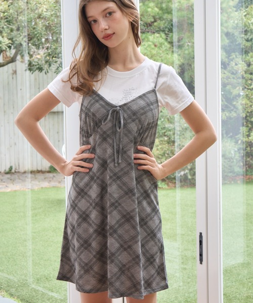Birthday room（バースデイルーム）の「バイアスチェックキャミワンピース/Bias check camisole dress（キャミソール・レディース・グレー/ブルー・FREE）」の4枚目の写真
