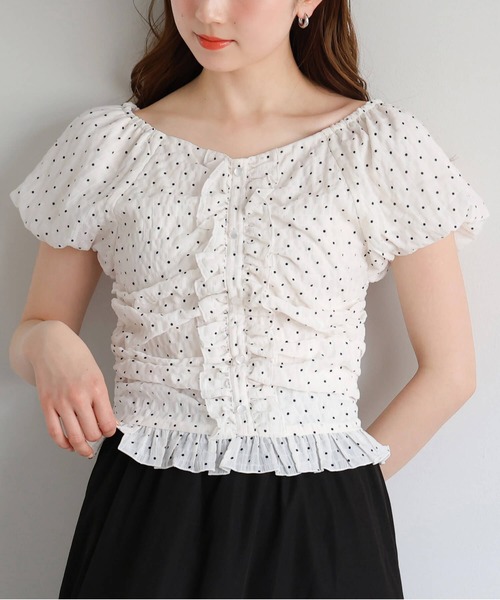 tiptop(ティップトップ)の「フリルシャーリングブラウス(シャツ/ブラウス・レディース・ブラック/アイボリー/ホワイト系その他/サックスブルー・FREE)」の1枚目の写真