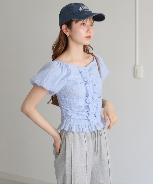 tiptop(ティップトップ)の「フリルシャーリングブラウス(シャツ/ブラウス・レディース・ブラック/アイボリー/ホワイト系その他/サックスブルー・FREE)」の15枚目の写真