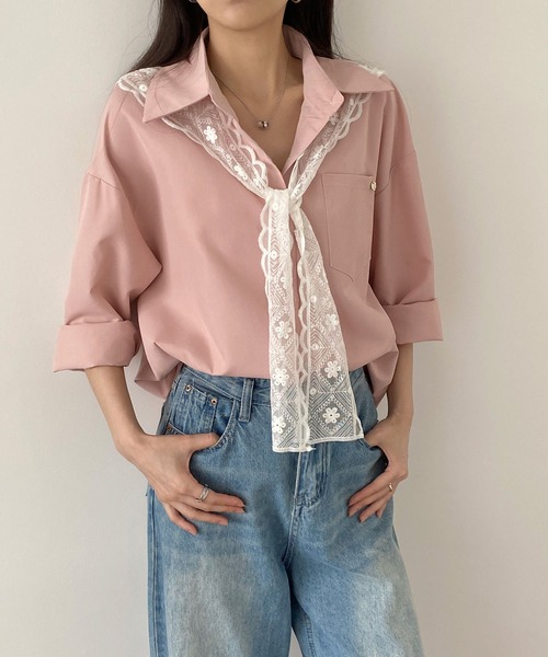 MAISON DE THERESE（メゾン ド テレーズ）の「レディース レースネクタイセット 長袖シャツ 春秋ゆったり カジュアル 着回し抜群シャツ/ブラウス（シャツ/ブラウス・レディース・ピンク/ホワイト/ブルー・M）」の21枚目の写真