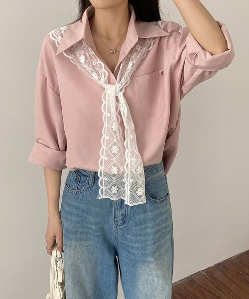 MAISON DE THERESE（メゾン ド テレーズ）の「レディース レースネクタイセット 長袖シャツ 春秋ゆったり カジュアル 着回し抜群シャツ/ブラウス（シャツ/ブラウス・レディース・ピンク/ホワイト/ブルー・M）」の22枚目の写真