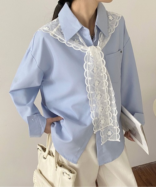 MAISON DE THERESE（メゾン ド テレーズ）の「レディース レースネクタイセット 長袖シャツ 春秋ゆったり カジュアル 着回し抜群シャツ/ブラウス（シャツ/ブラウス・レディース・ピンク/ホワイト/ブルー・M）」の15枚目の写真