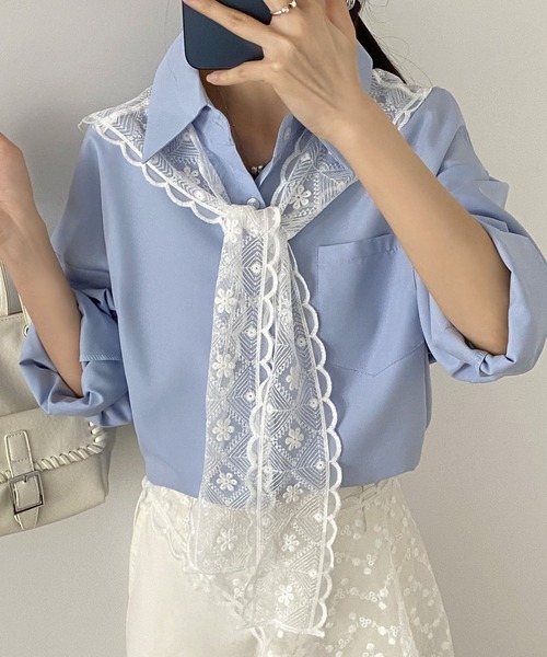 MAISON DE THERESE（メゾン ド テレーズ）の「レディース レースネクタイセット 長袖シャツ 春秋ゆったり カジュアル 着回し抜群シャツ/ブラウス（シャツ/ブラウス・レディース・ピンク/ホワイト/ブルー・M）」の18枚目の写真
