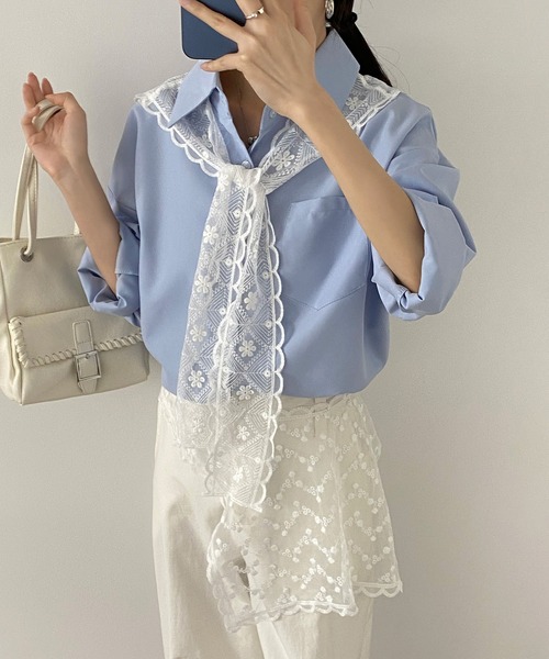 MAISON DE THERESE（メゾン ド テレーズ）の「レディース レースネクタイセット 長袖シャツ 春秋ゆったり カジュアル 着回し抜群シャツ/ブラウス（シャツ/ブラウス・レディース・ピンク/ホワイト/ブルー・M）」の19枚目の写真