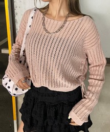 サイドドロスト透かしニットトップス