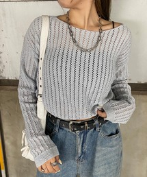 サイドドロスト透かしニットトップス