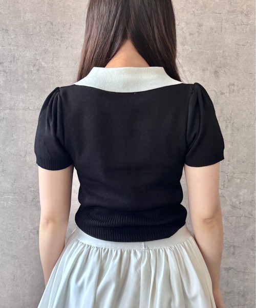 Mejoul（メジュール）の「【2026春夏新作】バイカラーリボンビッグカラー半袖ニットトップス（ポロシャツ・レディース・ブラック/ホワイト/グレー・F）」の20枚目の写真