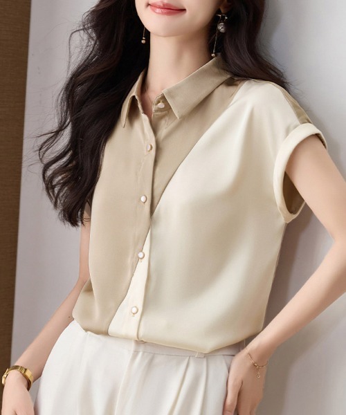 ONEP STAR(ワンピスター)の「バイカラー配色切替ブラウス(シャツ/ブラウス・レディース・ベージュ・MEDIUM/LARGE/X-LARGE)」の11枚目の写真