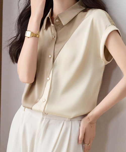 ONEP STAR(ワンピスター)の「バイカラー配色切替ブラウス(シャツ/ブラウス・レディース・ベージュ・MEDIUM/LARGE/X-LARGE)」の9枚目の写真