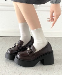 【新入荷】+8.0㎝ 軽量 厚底 スクエアトゥ パール付きリボン アクセント ローファー 486