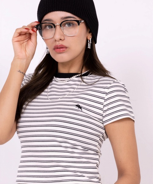 POLOCHAMPS(ポロチャンプス)の「【POLOCHAMPS】ポロチャンプス/ボーダー刺繍ショートTシャツ(Tシャツ/カットソー・レディース・ブラック×ホワイト/ネイビー/ブラック×グレー/ブラック・FREE)」の3枚目の写真