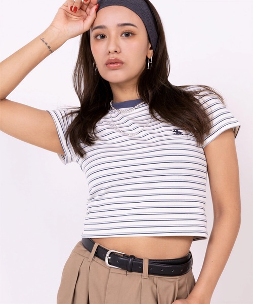 POLOCHAMPS(ポロチャンプス)の「【POLOCHAMPS】ポロチャンプス/ボーダー刺繍ショートTシャツ(Tシャツ/カットソー・レディース・ブラック×ホワイト/ネイビー/ブラック×グレー/ブラック・FREE)」の4枚目の写真