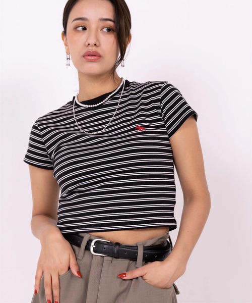 POLOCHAMPS(ポロチャンプス)の「【POLOCHAMPS】ポロチャンプス/ボーダー刺繍ショートTシャツ(Tシャツ/カットソー・レディース・ブラック×ホワイト/ネイビー/ブラック×グレー/ブラック・FREE)」の1枚目の写真