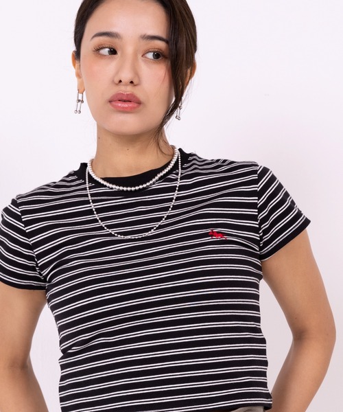 POLOCHAMPS(ポロチャンプス)の「【POLOCHAMPS】ポロチャンプス/ボーダー刺繍ショートTシャツ(Tシャツ/カットソー・レディース・ブラック×ホワイト/ネイビー/ブラック×グレー/ブラック・FREE)」の5枚目の写真