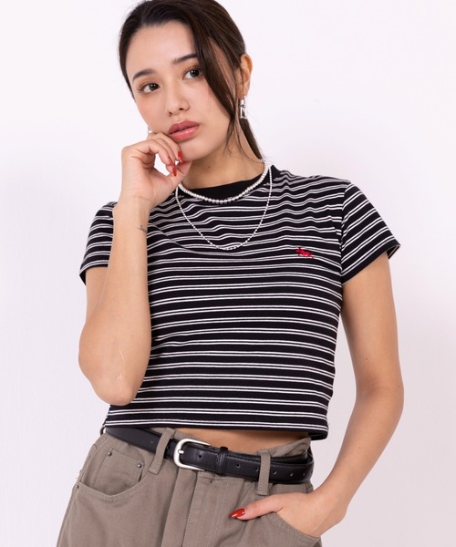 POLOCHAMPS(ポロチャンプス)の「【POLOCHAMPS】ポロチャンプス/ボーダー刺繍ショートTシャツ(Tシャツ/カットソー・レディース・ブラック×ホワイト/ネイビー/ブラック×グレー/ブラック・FREE)」の6枚目の写真