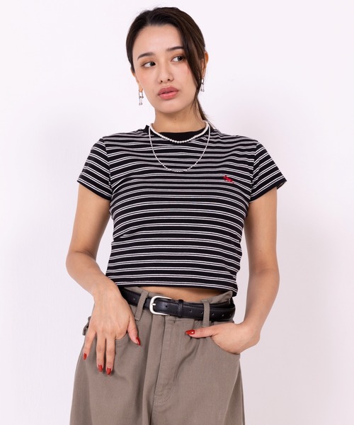 POLOCHAMPS(ポロチャンプス)の「【POLOCHAMPS】ポロチャンプス/ボーダー刺繍ショートTシャツ(Tシャツ/カットソー・レディース・ブラック×ホワイト/ネイビー/ブラック×グレー/ブラック・FREE)」の7枚目の写真
